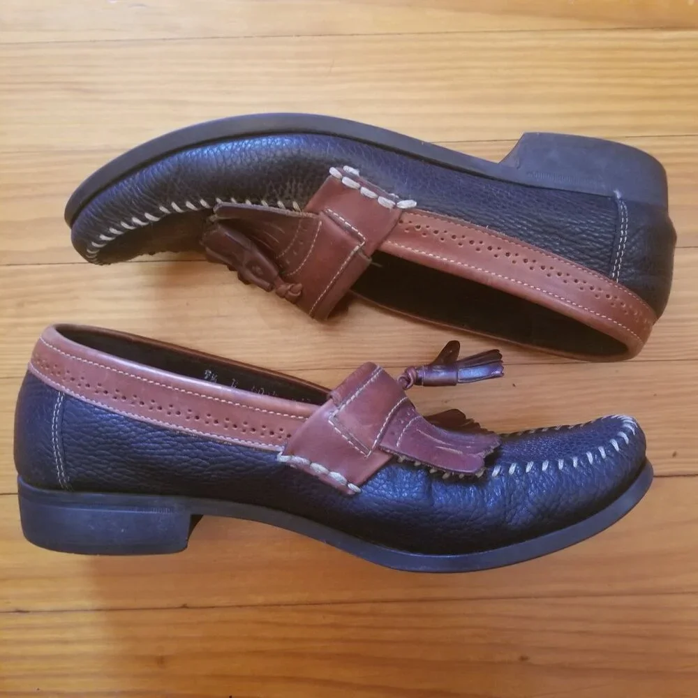 Bass Weejuns 9.5D Two Tone‎ Black Brown Leather Shoes Loafers Tassels MICHAEL